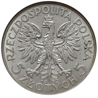5 złotych 1932 bez znaku menniczego, Anglia, Głowa kobiety, Parchimowicz 116.b, moneta w pudełku NGC z notą AU58, bardzo ładne
