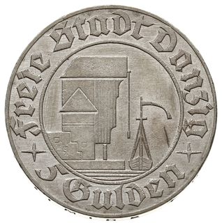 5 guldenów 1932, Żuraw portowy”, Parchimowicz 67, Jaeger D.18, na boku monety niewielkie zapiłowanie, nie ujmujące urody bardzo ładnej monecie, rzadkie