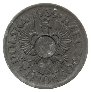 5 groszy 1939, cynk, moneta bez otworu z wyraźnie zaznaczonym dla niego miejscem, Parchimowicz 9.b, patyna, bardzo rzadkie i ładnie zachowane