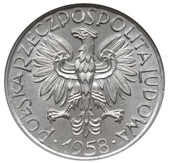 5 złotych 1958, Warszawa, Rybak”, odmiana z szeroką cyfrą 8 w dacie, Parchimowicz 220.aa, moneta w pudełku NGC z notą MS 63, piękne i rzadkie