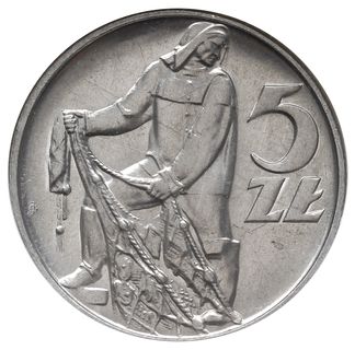 5 złotych 1958, Warszawa, Rybak”, odmiana z szeroką cyfrą 8 w dacie, Parchimowicz 220.aa, moneta w pudełku NGC z notą MS 63, piękne i rzadkie