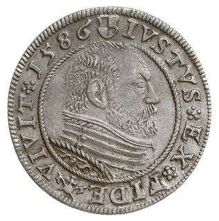 grosz 1586, Królewiec, pod popiersiem księcia znak Pawła Guldena (mistrza menniczego w Królewcu), Bahrf. 1280, Neumann 58, rzadki rocznik, ładnie zachowany