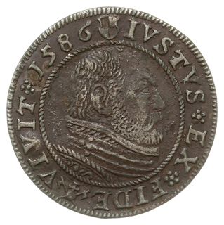 grosz 1586, Królewiec, pod popiersiem księcia znak Pawła Guldena, Bahrf. 1280, Neumann 58, ciemna patyna, rzadki rocznik