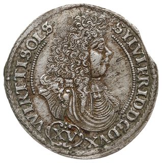 15 krajcarów 1675 S-P, Oleśnica, F.u.S. 2302, Klein/Raff 27.2, moneta z końca blachy, patyna, ładnie zachowane