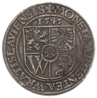 półtalar 1545, Wrocław, Aw: Tarcza herbowa, nad nią data i napis wokoło, Rw: Lew i napis wokoło, F.u.S. 3417, ciemna patyna, bardzo rzadki