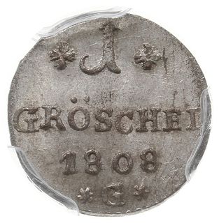 1 gröschel 1808, Kłodzko, Aw: Monogram, Rw: Nominał i data, poniżej litera G, AKS 50, moneta w pudełku PCGS z notą MS64, rzadki i wyśmienicie zachowany