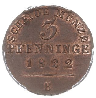 3 fengi 1822 B, Wrocław, AKS 33, moneta w pudełku PCGS z notą MS 64RB, wyśmienite, z naturalną barwą pod patyną