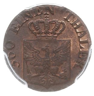 1 fenig 1822 B, Wrocław, AKS 35, moneta w pudełku PCGS z notą MS 63RB, pięknie zachowany, z naturalną barwą pod patyną