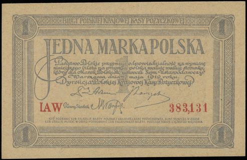 1 marka polska 17.05.1919, seria IAW, numeracja 383131, Lucow 325 (R0), Miłczak 19b, przegięta w pionie