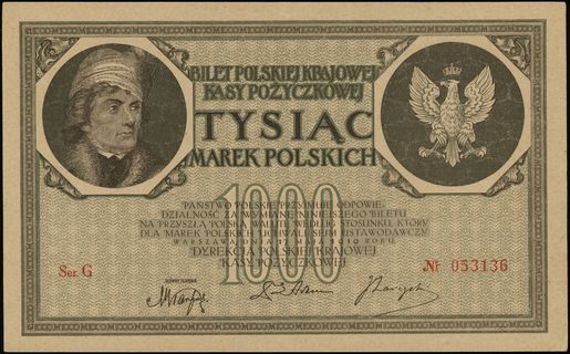 1.000 marek polskich 17.05.1919, znak wodny plaster miodu”, seria G numeracja 053136, Lucow 345 (R4), Miłczak 22b, pięknie zachowane i rzadkie