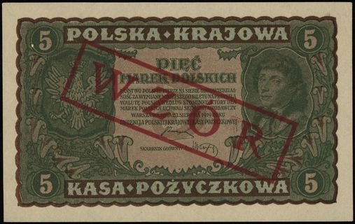 5 marek polskich 23.08.1919, czerwony nadruk WZÓR, seria II-DP, numeracja 878868, Lucow 366 (R3), Miłczak’12 24Wb, rzadkie