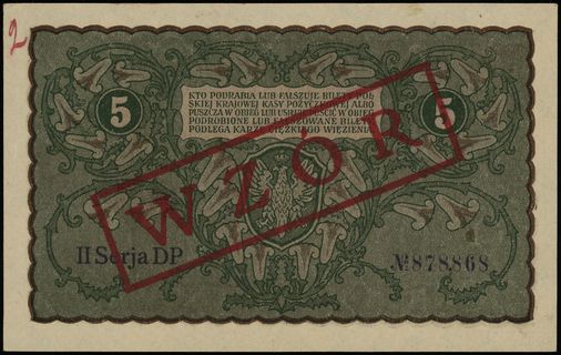 5 marek polskich 23.08.1919, czerwony nadruk WZÓR, seria II-DP, numeracja 878868, Lucow 366 (R3), Miłczak’12 24Wb, rzadkie