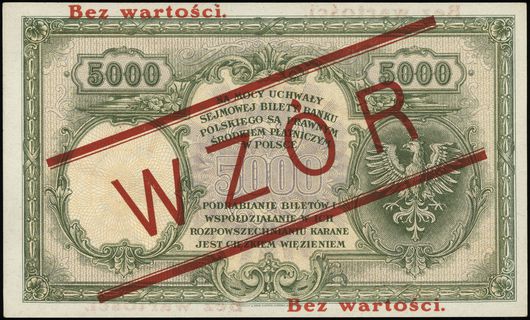 5.000 złotych 28.02.1919, czerwony nadruk Bez wartości / WZÓR / Bez wartości, seria A, numeracja 268035, Lucow 601 (R5), Miłczak’12 56Wa, pięknie zachowane i rzadkie