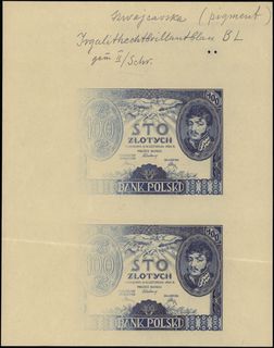 próba kolorystyczna strony głównej banknotów 100 złotych 9.11.1934 (fragment arkusza obejmujący dwa egzemplarze nierozcięte w pionie), druk w kolorze fioletowym, bez poddruku, bez oznaczenia serii i numeracji, niepełny rysunek wydrukowany - część przy krawędzi papieru odciśnięta z małą ilością farby na papierze, u góry ołówkiem kopiowym Szwajcarska (pigment) / Irgalithechtbrillantblau BL / gem II / Schr.”, papier kremowy bez znaku wodnego, 277 x 216 mm, Lucow 671c - dołączony do kolekcji po wydrukowaniu katalogu, Miłczak 74, ogromnie rzadka próba technologiczna druku na etapie wyboru farby drukarskiej, prawdopodobnie unikat powstały jako materiał do wyboru jednego z kilku wariantów kolorystycznych
