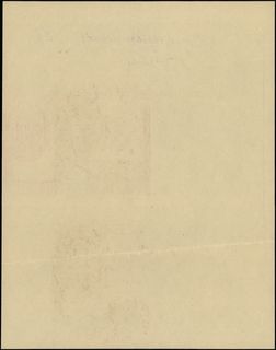 próba kolorystyczna strony głównej banknotów 100 złotych 9.11.1934 (fragment arkusza obejmujący dwa egzemplarze nierozcięte w pionie), druk w kolorze fioletowym, bez poddruku, bez oznaczenia serii i numeracji, niepełny rysunek wydrukowany - część przy krawędzi papieru odciśnięta z małą ilością farby na papierze, u góry ołówkiem kopiowym Szwajcarska (pigment) / Irgalithechtbrillantblau BL / gem II / Schr.”, papier kremowy bez znaku wodnego, 277 x 216 mm, Lucow 671c - dołączony do kolekcji po wydrukowaniu katalogu, Miłczak 74, ogromnie rzadka próba technologiczna druku na etapie wyboru farby drukarskiej, prawdopodobnie unikat powstały jako materiał do wyboru jednego z kilku wariantów kolorystycznych