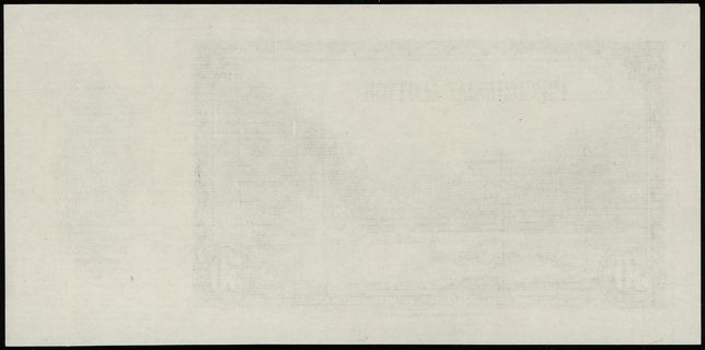 jednostronne druki próbne strony głównej i odwrotnej banknotu 50 złotych emisji 20.08.1939, bez oznaczenia serii i numeracji, wykonane przy użyciu wklęsłodruku (staloryt), na marginesie z drukiem strony głównej odręcznie data 19/I.43. i podpis Karola Chybińskiego, Lucow 1061 (R9) i 1062 (R9) - podobne, Miłczak - patrz 88, ekstremalnie rzadkie i pięknie zachowane, razem 2 sztuki