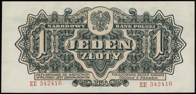 1 złoty 1944, w klauzuli OBOWIĄZKOWYM, seria ЕЕ, numeracja 342410, Lucow 1077 (R2), Miłczak 105a, minimalne dwie zagniotki