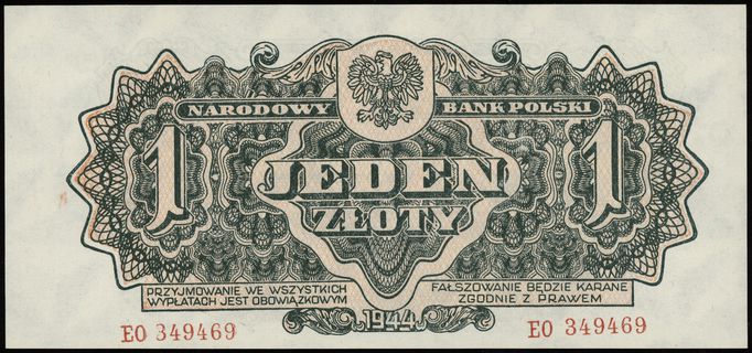 1 złoty 1944, w klauzuli OBOWIĄZKOWYM, seria ЕО, numeracja 349469, Lucow 1077 (R2), Miłczak 105a