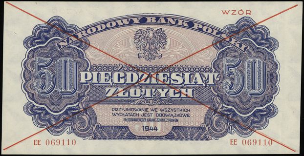 50 złotych 1944, w klauzuli OBOWIĄZKOWE, czerwon