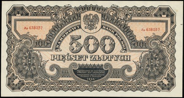 500 złotych 1944, w klauzuli OBOWIĄZKOWE, seria Ax 638037, Lucow 1144 (R5), Miłczak 119b, rzadkie i pięknie zachowane