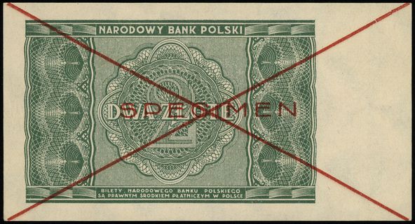 zestaw wzorów banknotów: 1 złoty i 2 złote 15.05.1946, na obu czerwone dwukrotne przekreślenie i poziomo SPECIMEN, Lucow 1173 (R4) i 1176 (R4), Miłczak’12 123Wa i 124Wa, razem 2 sztuki