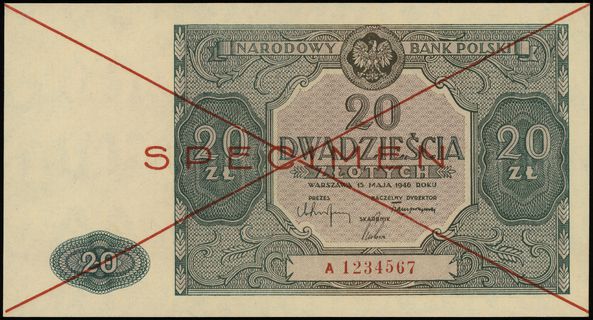 20 złotych 15.05.1946, czerwone dwukrotne przekr