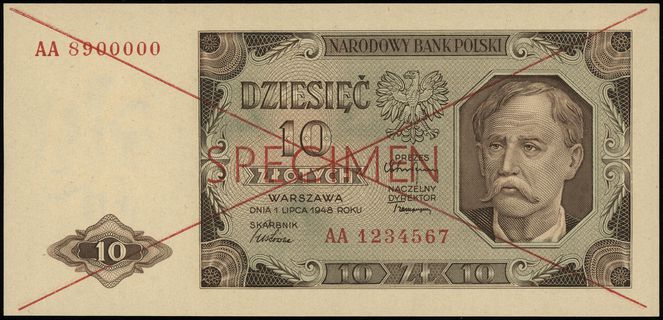 10 złotych 1.07.1948, czerwone dwukrotne przekre