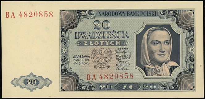20 złotych 1.07.1948, seria BA, numeracja 482085