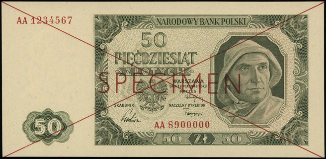 50 złotych 1.07.1948, czerwone dwukrotne przekre