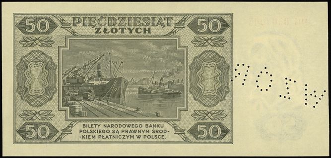 50 złotych 1.07.1948, ukośna perforacja WZÓR, se