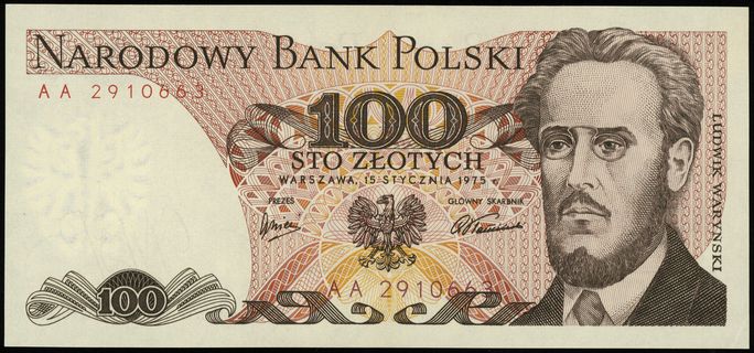 100 złotych 15.01.1975, seria AA, numeracja 2910