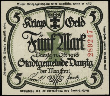 Kriegs-Geld, 5 marek 12.10.1918, numeracja 289247, bez znaku wodnego, druk zielony, Jabł. 3720, Podczaski WD-100.C.1.e, Ros. 786.a, z pieczęcią Ungültig na stronie odwrotnej