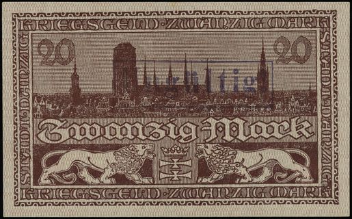 Kriegs-Geld, 20 marek 15.11.1918, numeracja 157568, Jabł. 3722, Podczaski WD-100.E.1, Ros. 789, z pieczęcią Ungültig na stronie odwrotnej
