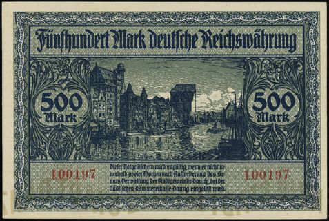 Der Senat der Stadtgemeinde Danzig, 500 marek 31.10.1922, numeracja 100197, Miłczak G2, Jabł. 3726, Podczaski WD-101.A.2, Ros. 793, bardzo ładnie zachowane, rzadkie w tym stanie zachowania