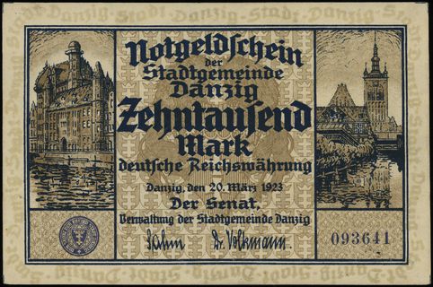 Der Senat der Stadtgemeinde Danzig, 10.000 marek 20.03.1923, numeracja 093641, Miłczak G5, Jabł. 3729, Podczaski WD-101.C.1, Ros. 796, dziura, ale rzadkie