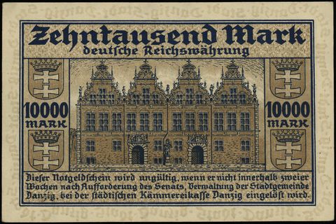 Der Senat der Stadtgemeinde Danzig, 10.000 marek 20.03.1923, numeracja 093641, Miłczak G5, Jabł. 3729, Podczaski WD-101.C.1, Ros. 796, dziura, ale rzadkie