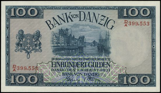 Bank von Danzig, 100 guldenów 1.08.1931, seria D/A, numeracja 399553, Miłczak G50b, Jabł. 3791, Ros. 841, pięknie zachowane i rzadkie