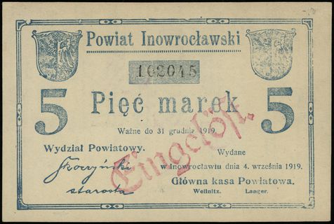 5 marek 4.09.1919, numeracja 102045, papier ze znakiem wodnym \Z, po obu stronach stempel Eingelöst