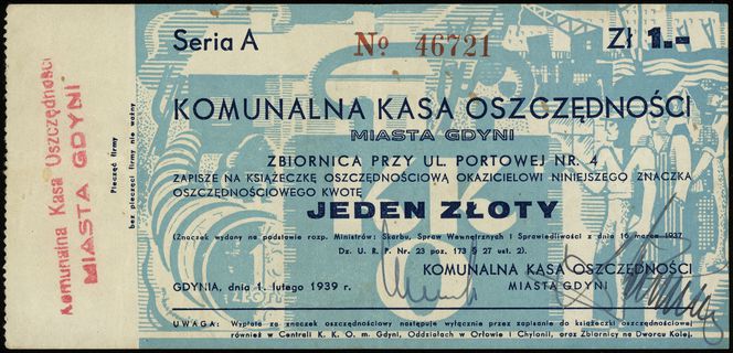 Gdynia, Komunalna Kasa Oszczędności, bon na 1 złoty 1.02.1939, seria A, numeracja 46721, u dołu podpisy, na lewym marginesie pieczęć, Jabł. 4208, Podczaski nie notuje!, duża rzadkość