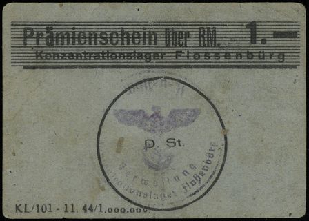 Konzentrationslager Flossenbürg, bon na 1 markę, Campbell 3972b1, ze stemplem na stronie głównej, bardzo rzadki