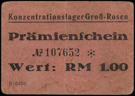 Konzentrationslager Groß-Rosen, bon na 1 markę, numeracja 107652 z gwiazdką, Campbell 3979b, Podczaski DO-120.A.3.e, bardzo rzadki