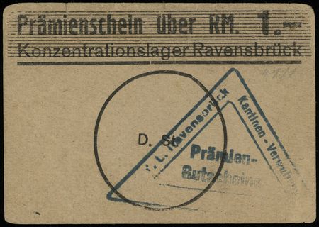 Konzentrationslager Ravensbrück, bon na 1 markę, papier kremowy, Campbell 4053b, zielony trójkątny stempel \Kantinen-Werwaltung, bardzo rzadki i ładnie zachowany,"II,1