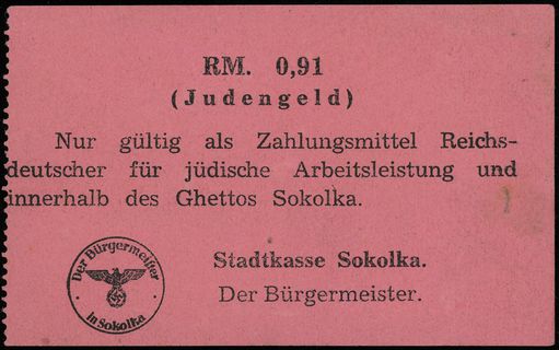 Sokółka, Stadtkasse Sokolka - Der Bürgermeister, Judengeld na 0.91 marki (RM), papier różowy, Lucow 881 - ale inny kolor papieru (R9), Campbell 4241, Podczaski DO-125.1 (nie notuje takiego papieru, c.a.), perforowany lewy margines, ogromna rzadkość