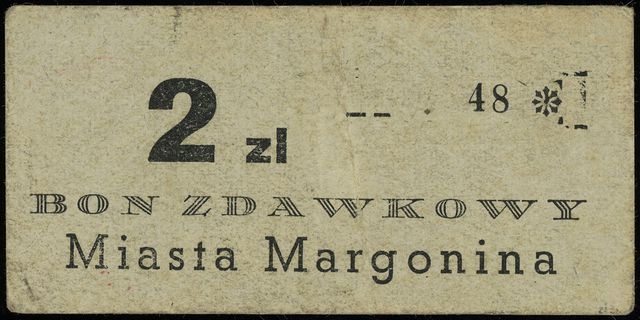 Margonin, Miasto, zestaw bonów: 50 groszy i 2 złote (1945?), numeracja 480 i 48, oba ze stemplami na stronie odwrotnej, Podczaski D-012.1 (notuje ten nr egzemplarza) i D-012.2 (c.a., notuje tylko ten egzemplarz z tym numerem), razem 2 sztuki, ogromna rzadkość, 2 złote UNIKALNE!