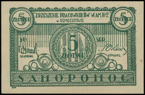 Zrzeszenie Pracowników Wytwórni Amunicji No 2 w Rembertowie \Samopomoc, bon na 5 złotych 1938