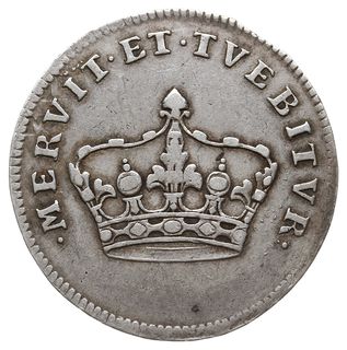 August III, żeton koronacyjny 1734, Aw: Korona i napis wokoło MERVIT ET TVEBITVR, Rw: Napis poziomy AVGVSTVS III...., srebro 3.36 g, 26.0 mm, H-Cz. 2754, Racz. 374, patyna