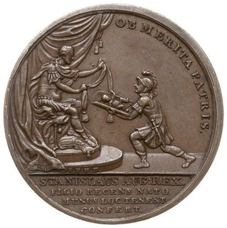 medal na pamiątkę narodzin syna Fryderyka Alojzego Brühla autorstwa J.F.Holzhaeussera 1781 r, Aw: Żołnierz w stroju rzymskim prezentuje niemowlę królowi w antycznej zbroi, siedzącemu na tronie, w półkolu napis OB MERITA PATRIAS, w odcinku napis STANISLAUS AUG REX ...., Rw: Napis poziomy w piętnastu wierszach ALOIS FRID COM A BRUHL ...., brąz 44,5 mm, H-Cz. 3861 (R1), Racz. 574, Więcek 51, patyna