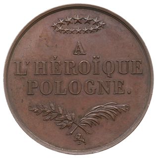 Bohaterskiej Polsce - medal autorstwa Barre’a, wybity nakładem Komitetu Brukselskiego w 1831 r., Aw: Dwie postacie w strojach antycznych - Polonia ze sztandarem i podtrzymująca ją Belgia w czapce frygijskiej, wokoło TU NE MOURRAS PAS i sygnatura medaliera, Rw: Napis A / L’ HEROIQUE / POLOGNE, powyżej wieniec z gwiazdek, poniżej skrzyżowane gałązki laurowa i palmowa oraz znak lewek, miedź 51.5 mm, H-Cz. 3831, patyna