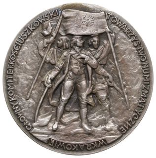 Tadeusz Kościuszko - medal autorstwa Franciszka Kalfasa, 1946 r., Aw: Popiersie Kościuszki w prawo i napis wokoło TADEUSZ KOŚCIUSZKO 1746 1946, Rw: Stojący na wprost Naczelnik, za nim dwaj kosynierzy i napis wokoło GŁÓWNY KOMITET KOŚCIUSZKOWSKI - TOWARZYSTWO NUMIZMATYCZNE W KRAKOWIE, srebro 129.54 g, 62 mm, patyna