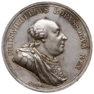 Fryderyk Wilhelm II - medal sygnowany ABRAHAMSON, wybity w 1793 r., dla uczczenia hołdu złożonego przez Prusy Południowe Fryderykowi Wilhelmowi II, Aw: Popiersie króla w prawo i napis wokoło FRID WILHELMVS BORVSSORVM REX, Rw: Orzeł pruski z głową w lewo, powyżej napis VOBIS QVOQVE PATER, poniżej w odcinku BORVSS MERIDION / FID PRAEST / MDCCLXXXXIII, srebro 27.94 g, 41 mm, Hoffmann 85 (R), rzadki